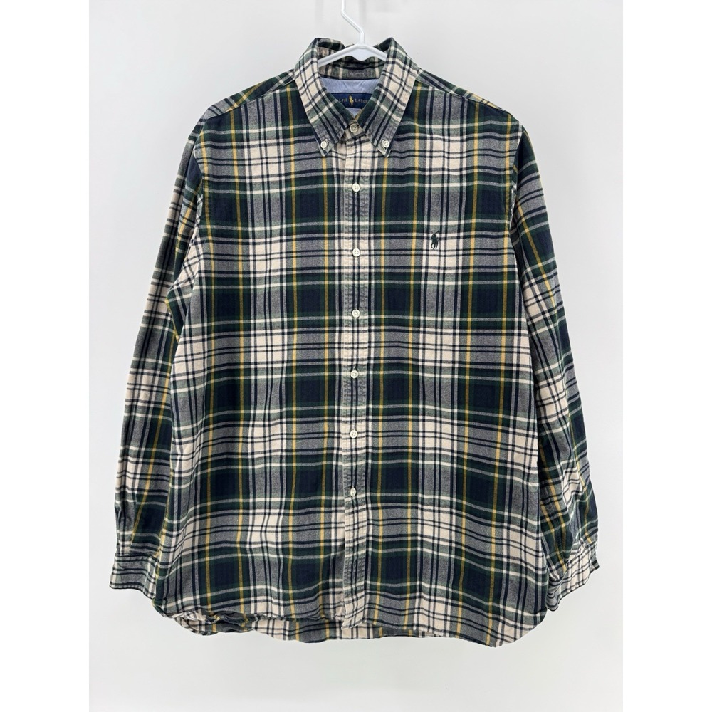 Ralph Lauren Men Flannel Button Down Shirt Green Navy Plaid Sz L